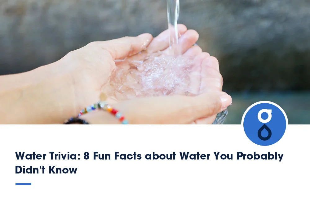 An image showing a person's hands holding water, with the title 'Water Trivia: 8 Fun Facts about Water You Probably Didn't Know