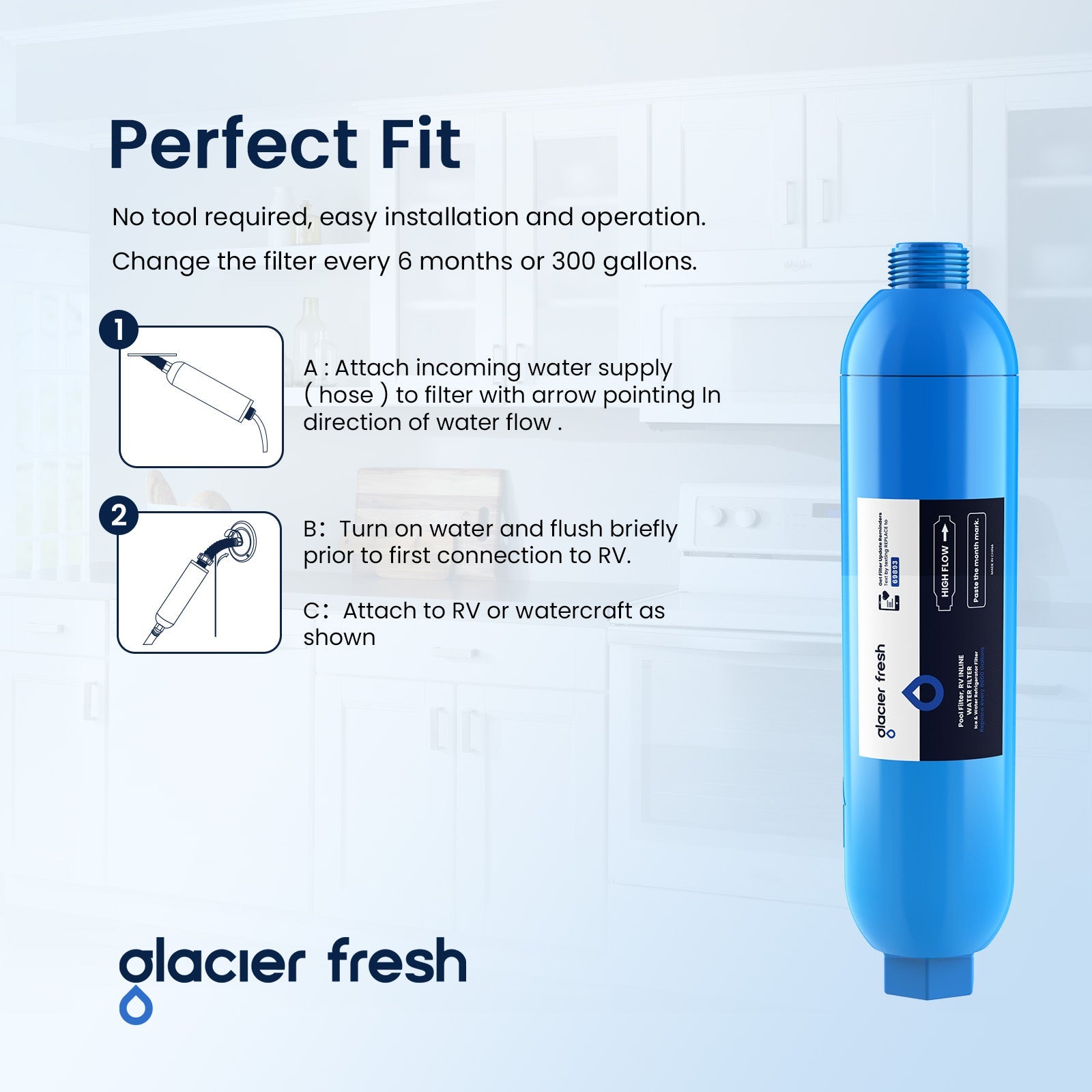 Glacier Fresh Replacement for RV Inline Water Filter, 2-Pack