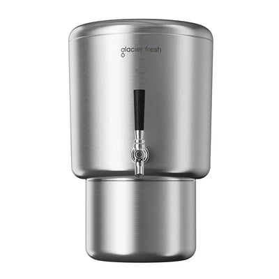 Stainless steel water filter with 'Glacier Fresh' branding on a white background