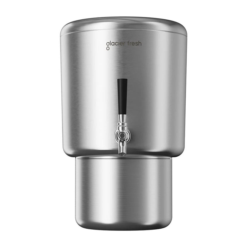 Stainless steel water filter with 'Glacier Fresh' branding on a white background
