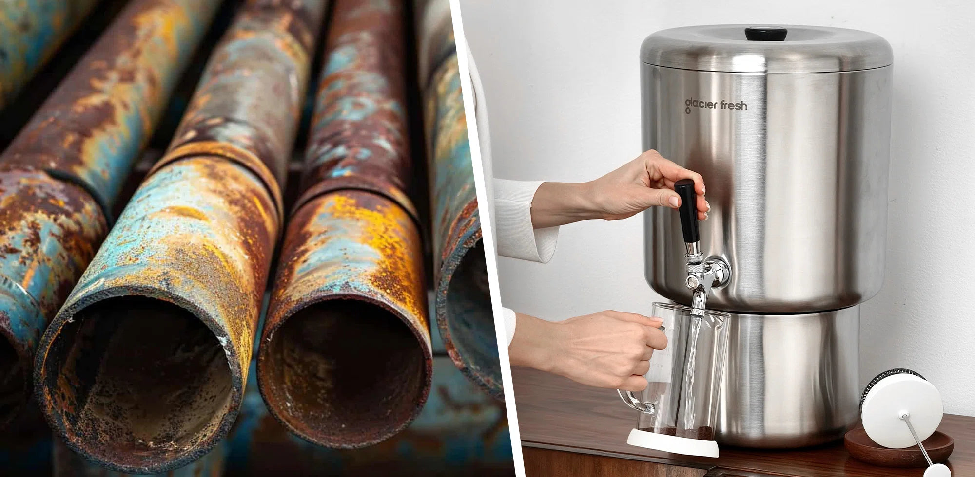 Collage of rusty pipes on one side and a stainless steel water filter on the other.