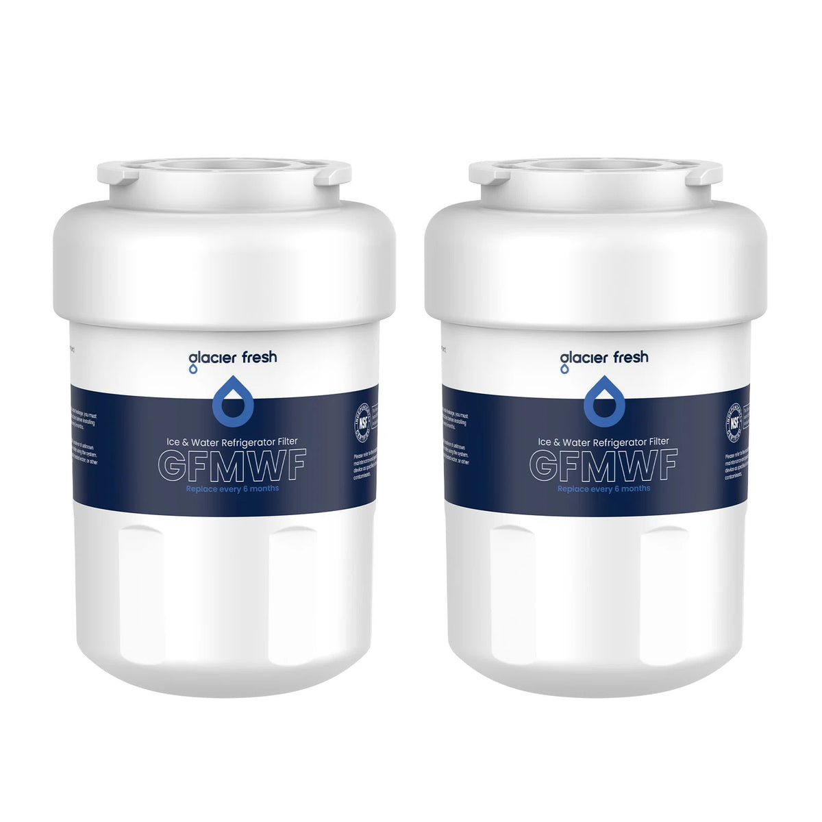 Two Glacier Fresh gf mwf ice and water refrigerator filters on a white background