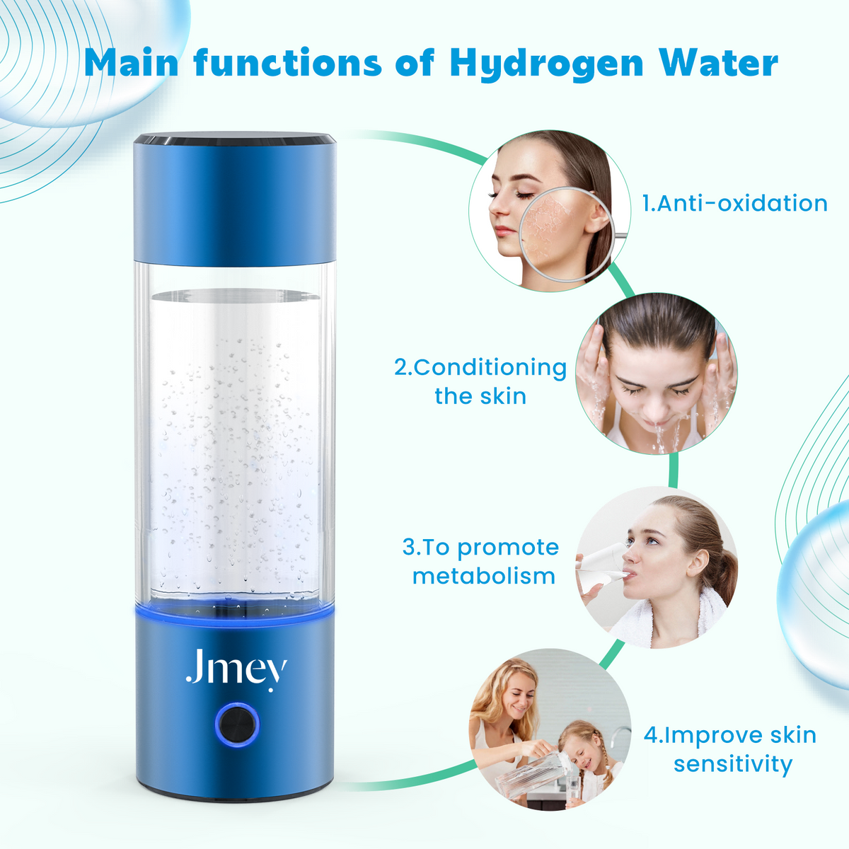 Hydrogen Water Bottle, Portable Rechargeable Hydrogen Water Generator, Hydrogen Rich Water Glass Cup Water Ionizer Machine