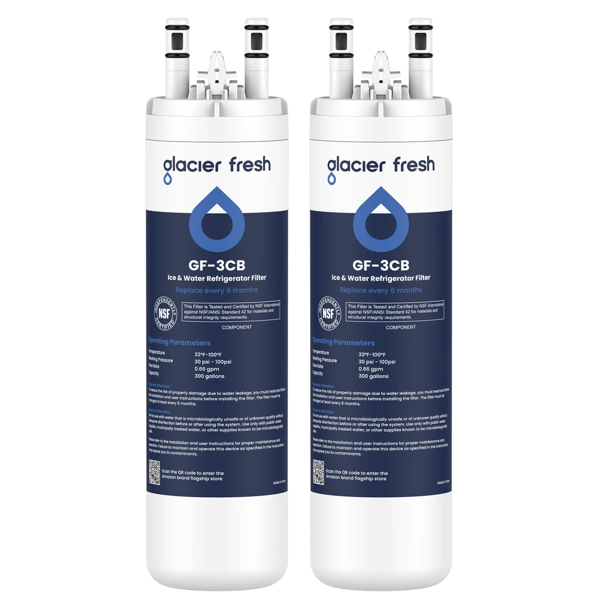 Two Glacier Fresh GF-3CB ice and water refrigerator filters on a white background