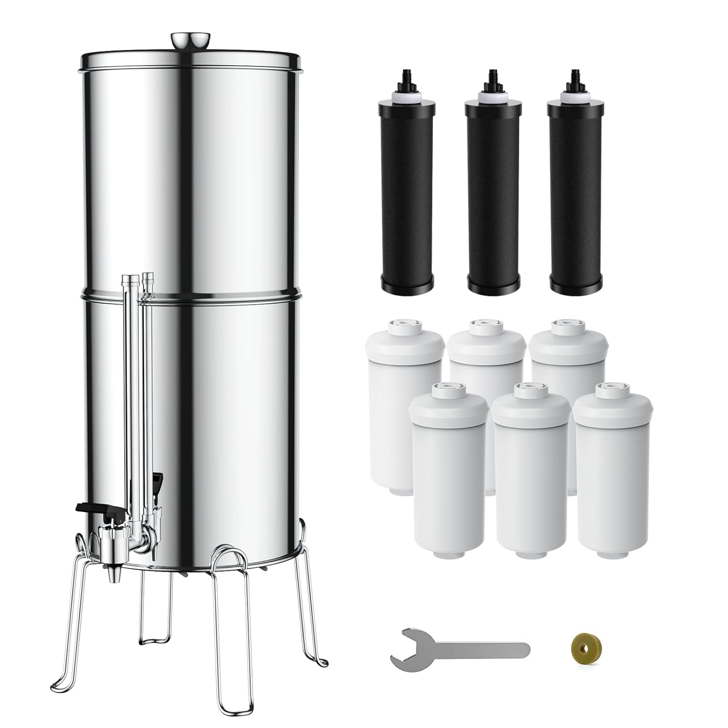 Gravity-fed Water Filter System, 3G Stainless-Steel System with 6 Filters,  Metal Water Level Spigot and Stand