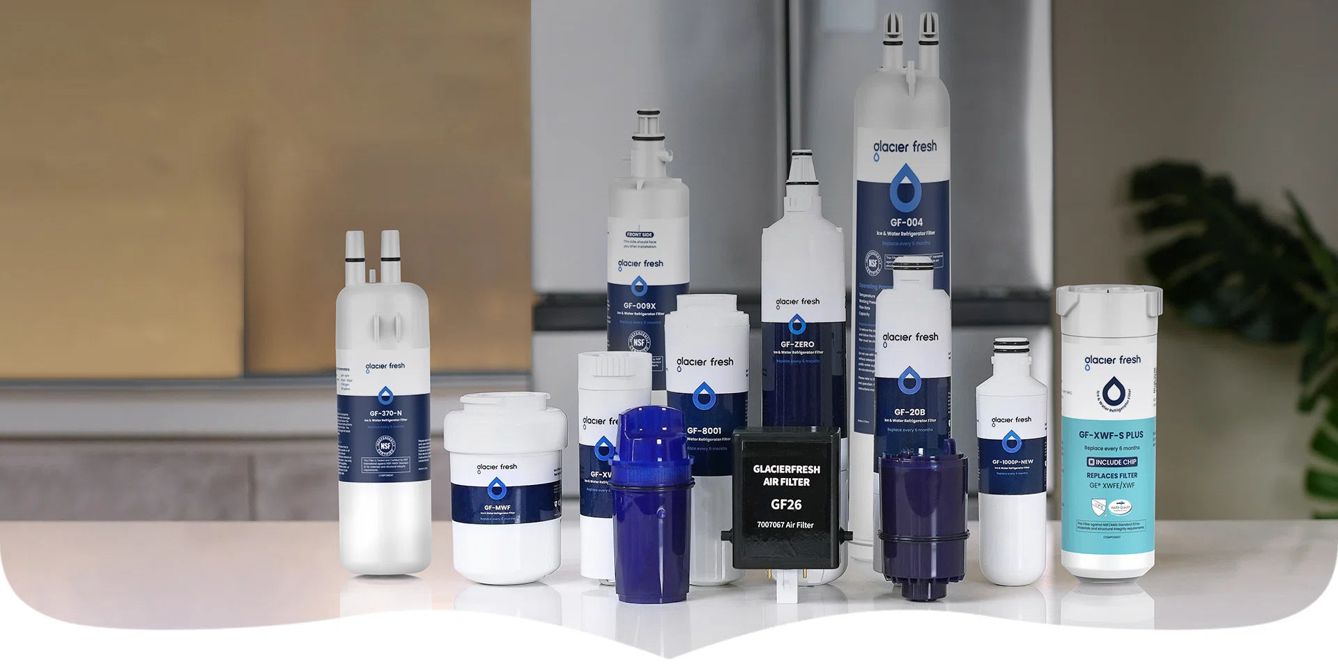 Collection of water filter cartridges on a kitchen counter.