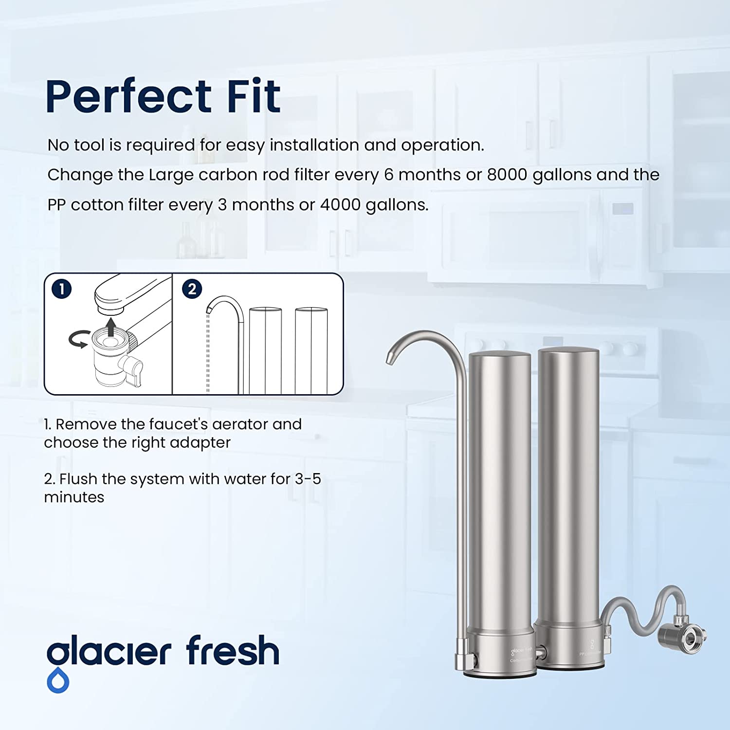 Glacier Fresh Arbeitsplatten-Filtersystem, Wasserhahn-Wasserfiltersystem aus Edelstahl