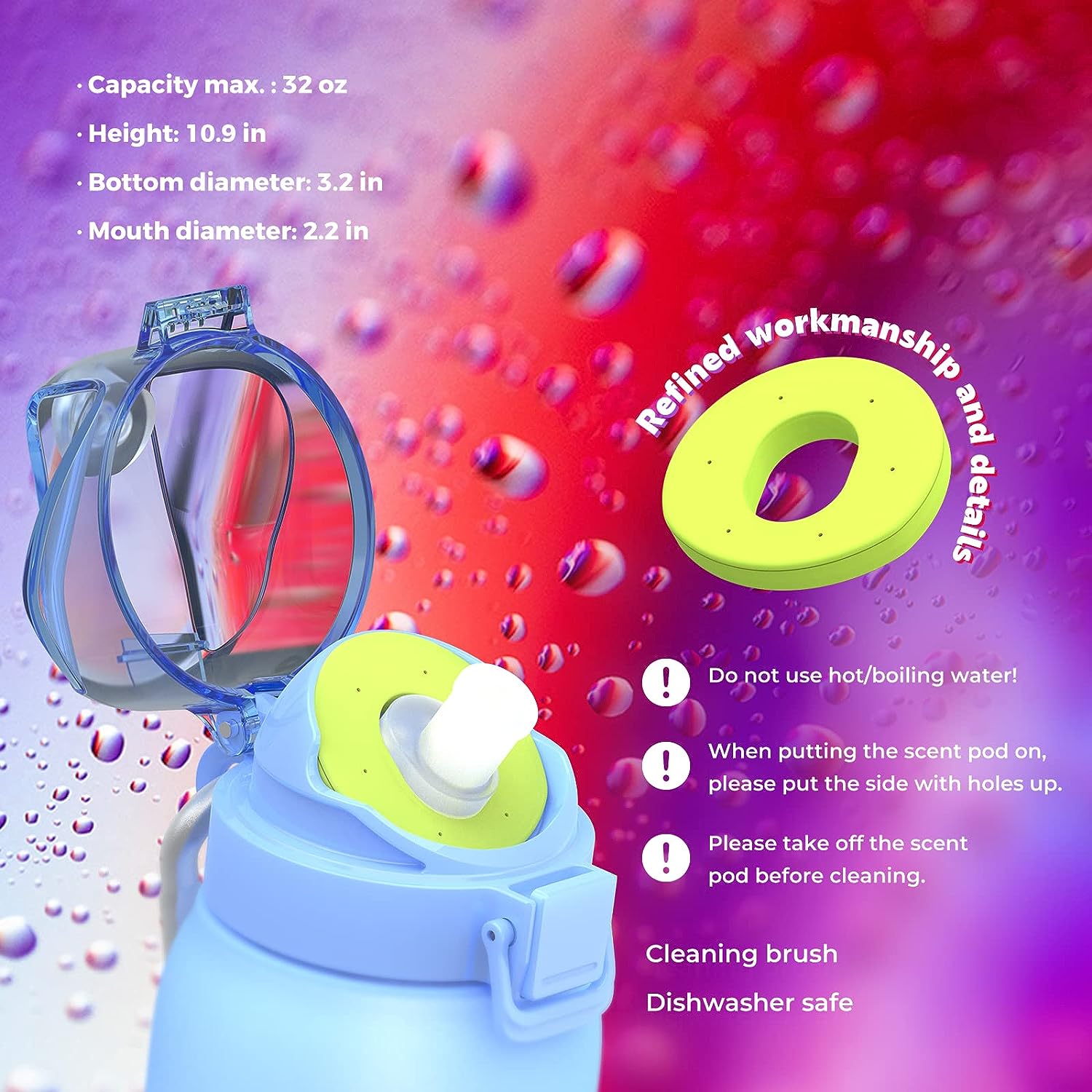 JMEY-Flasche mit Aromakapseln, 32 oz Duftwasserbecher mit Strohhalm – BPA-frei, auslaufsicher, geeignet für Reisen, Fitnessstudio, Zuhause, im Freien und in der Schule