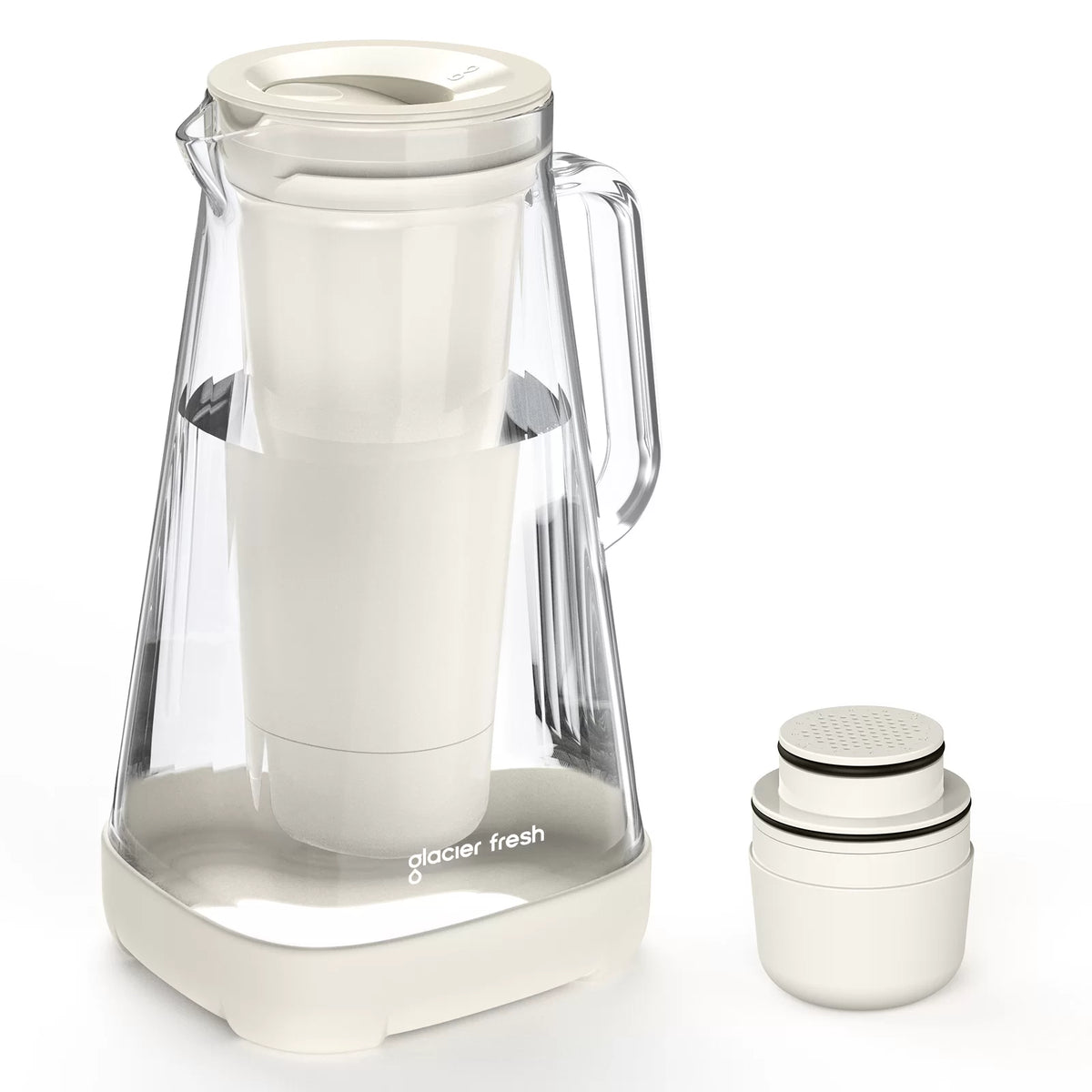 A clear glass water filter pitcher with a white handle and base, alongside a removable white filter cartridge, against a white background.