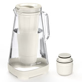 A clear glass water filter pitcher with a white handle and base, alongside a removable white filter cartridge, against a white background.