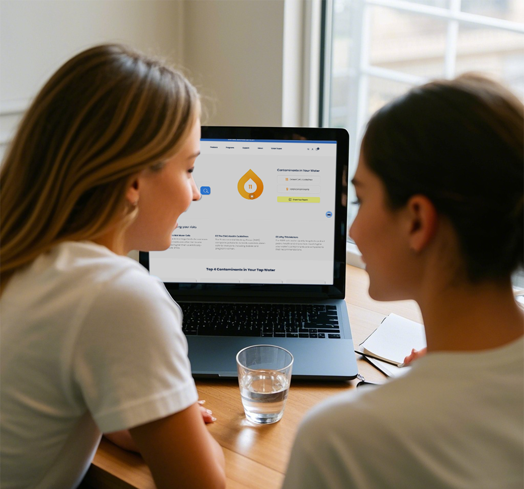 Two people reviewing local water contaminants on a laptop