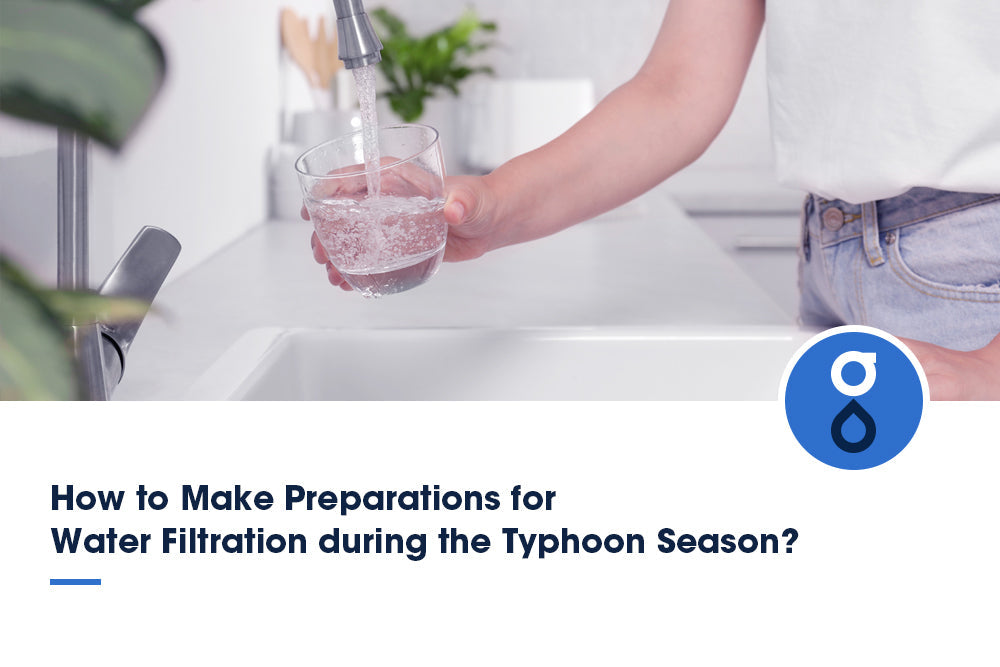 Preparing water filtration during typhoon season by filling a glass from a faucet.