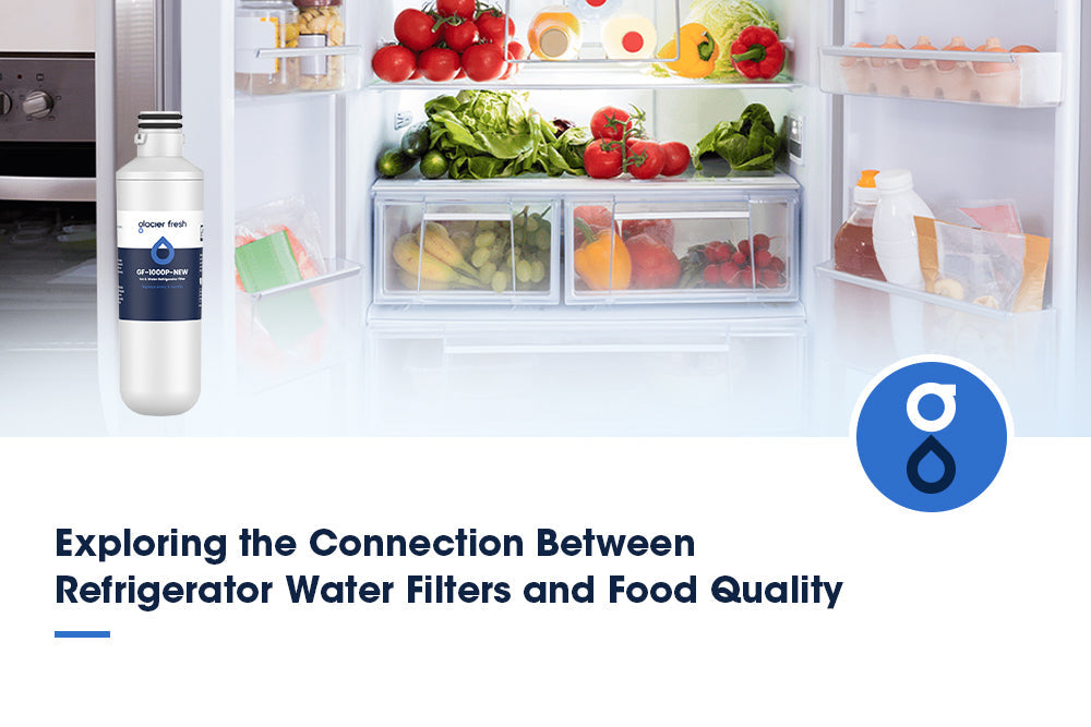 Open refrigerator filled with fresh fruits and vegetables, featuring a Glacier Fresh water filter to emphasize the link between water filtration and food quality