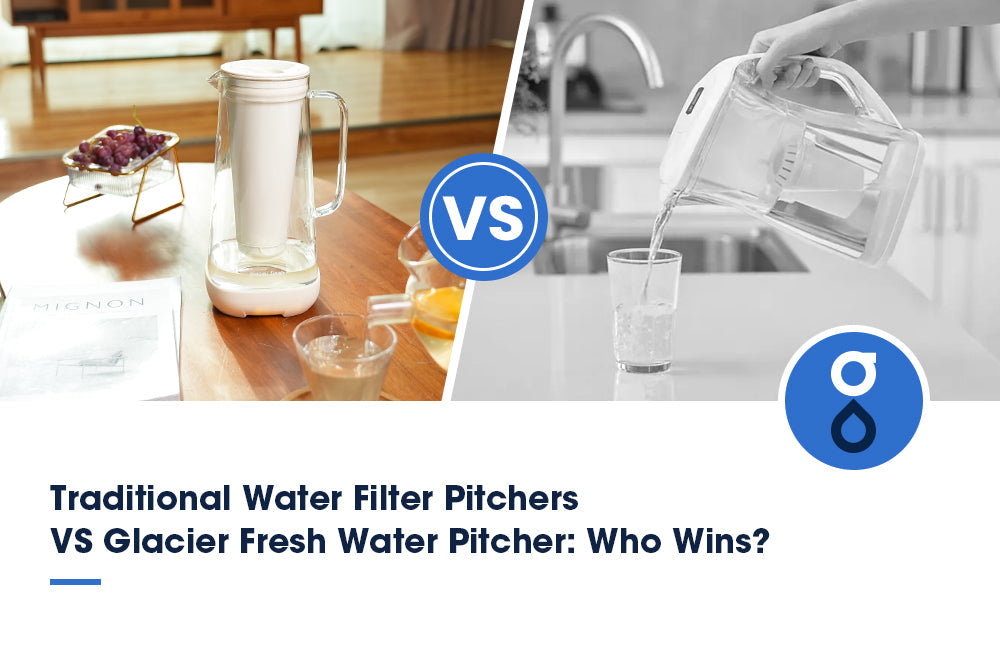 Comparison of traditional water filter pitchers versus the Glacier Fresh water pitcher, asking "Who Wins?