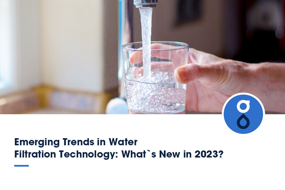 Blog post thumbnail with the title "Emerging Trends In Water Filtration Technology: What's New in 2023?". The image shows a hand holding a glass under a tap with water flowing into it. A logo is visible in the top right corner.