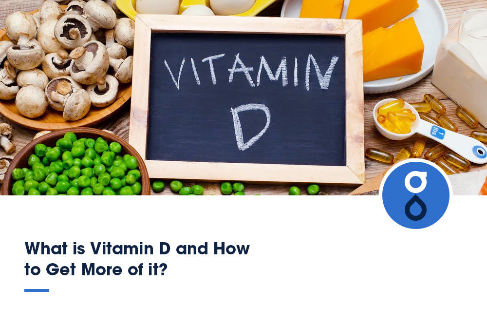 Food sources of Vitamin D and supplements, including mushrooms, peas, eggs, cheese, and capsules, with a chalkboard reading "VITAMIN D" and the text "What is Vitamin D and How to Get More of it?"