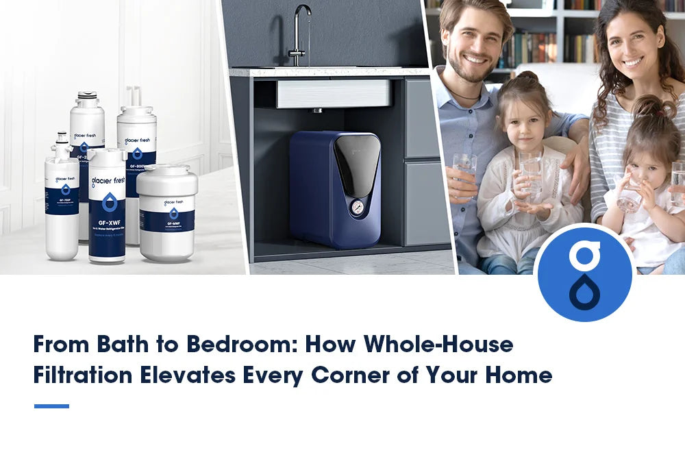 Whole-house water filtration system showcasing products, an under-sink system, and a family enjoying clean water, emphasizing comprehensive home filtration benefits.
