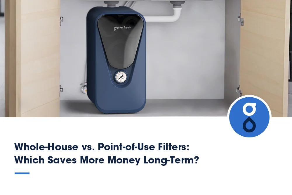 Comparison infographic showing under-sink water filtration system with text 'Whole-House vs. Point-of-Use Filters: Which Saves More Money Long-Term?'