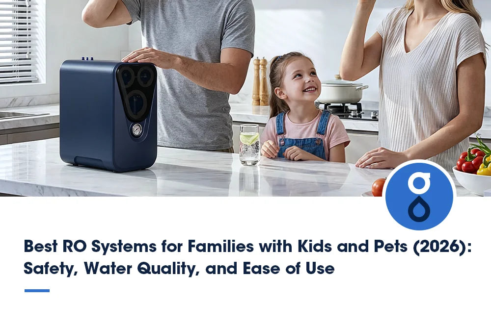 Family drinking water from reverse osmosis drinking water system