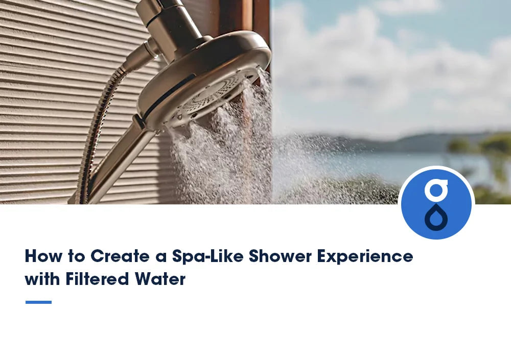 Handheld shower spraying filtered water with an article title overlay 'How to Create a Spa-Like Shower Experience with Filtered Water'