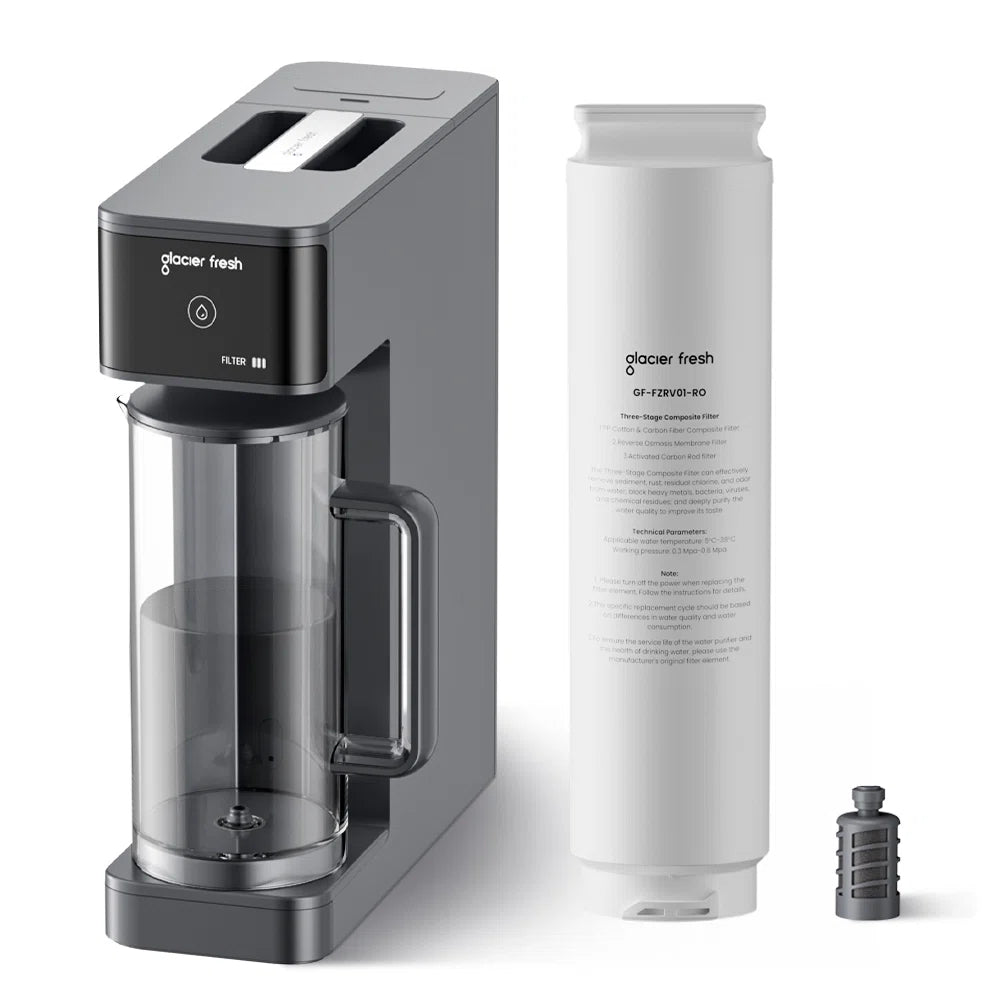 countertop water filtration system with a white filter cartridge on a white background