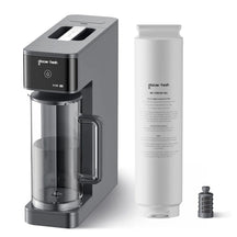 countertop water filtration system with a white filter cartridge on a white background