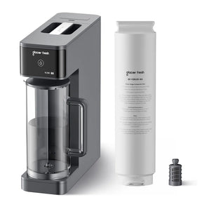 countertop water filtration system with a white filter cartridge on a white background