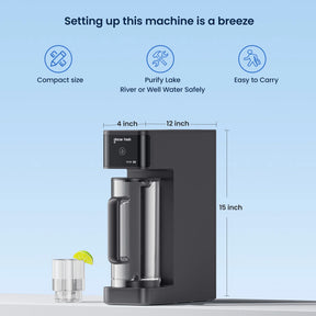 Water purification machine with dimensions and features on a light blue background