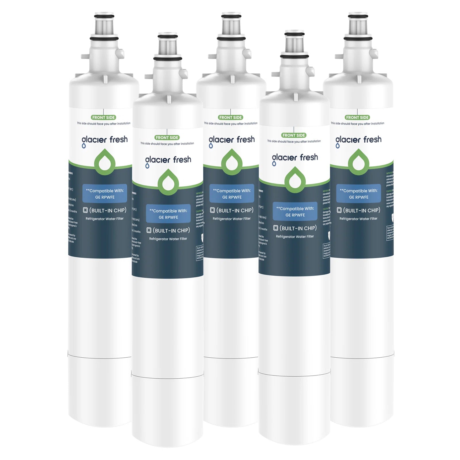 Five Glacier Fresh RPWFE water filters on a white background