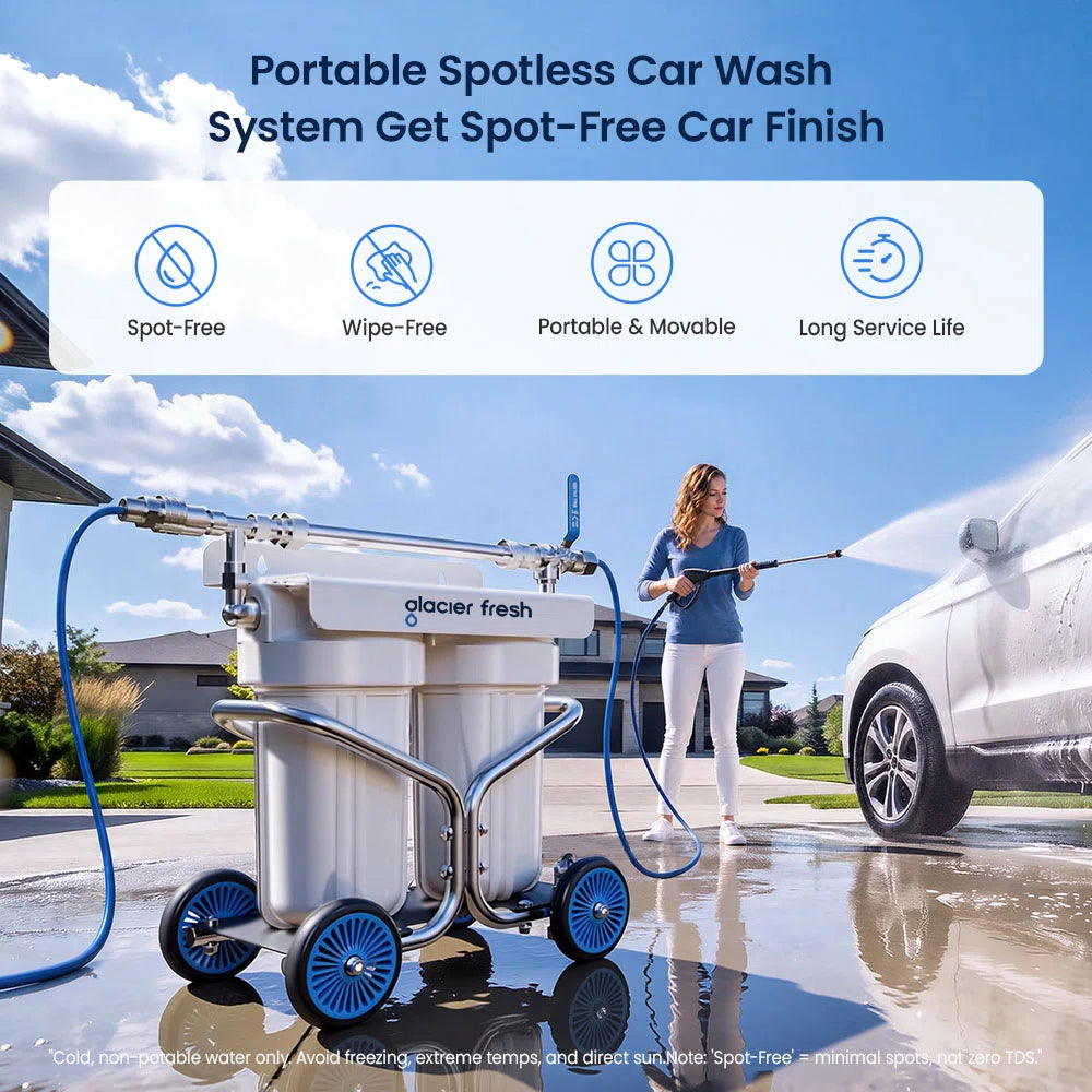 A portable spotless car wash system with a large white filter canister, blue wheels, and blue hoses is shown outdoors next to a woman washing a white car. The scene includes marketing text and feature icons for spot-free, wipe-free, portable, and long service life.