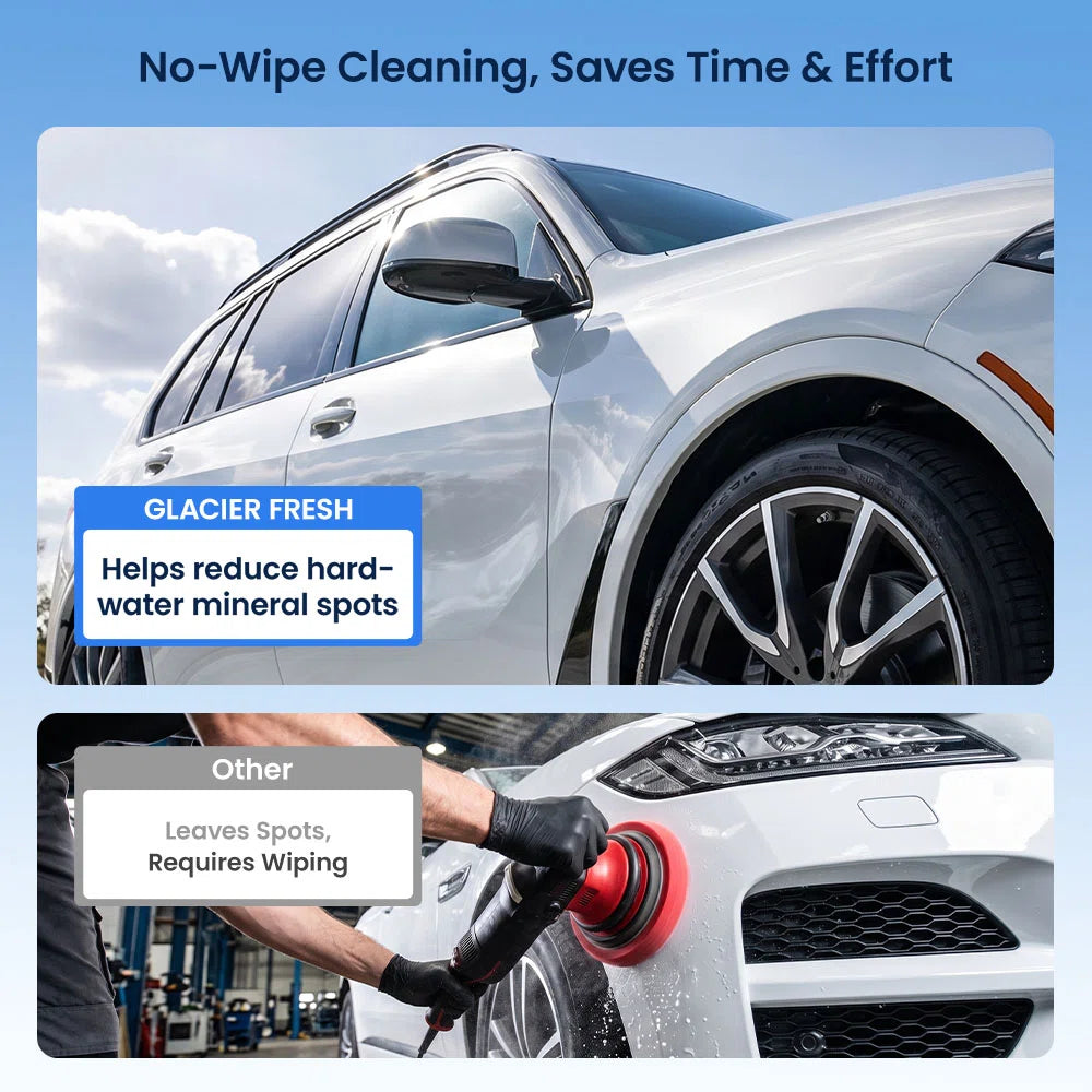 Promotional graphic for Glacier Fresh car wash product. The top panel shows a silver SUV with a clean, dry-looking side panel under a blue sky, with text reading 'No-Wipe Cleaning, Saves Time & Effort' and 'GLACIER FRESH Helps reduce hard-water mineral spots.