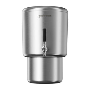 Stainless steel water filter with 'Glacier Fresh' branding on a white background