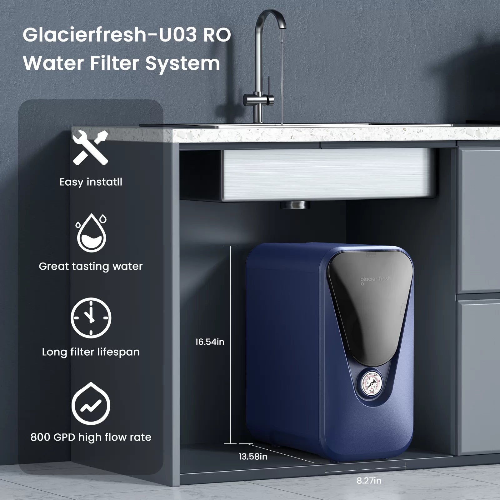 Easiest to Install 800GPD Reverse Osmosis System, Under sink RO System-Glacierfresh U03