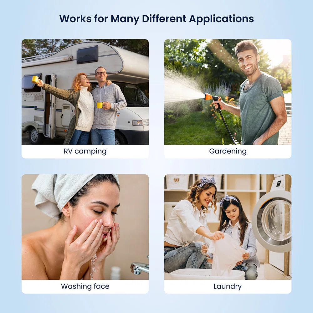rv softener system being used in various scenarios including RV camping, gardening, washing face, and laundry.