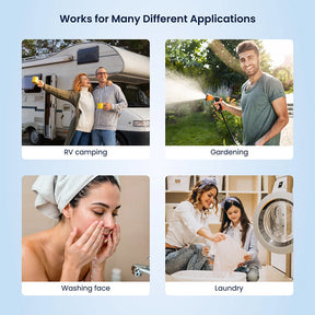 rv softener system being used in various scenarios including RV camping, gardening, washing face, and laundry.