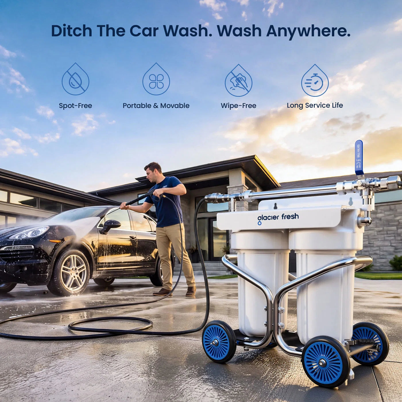 One man is using glacierfresh spot free car wash system to wash his suv