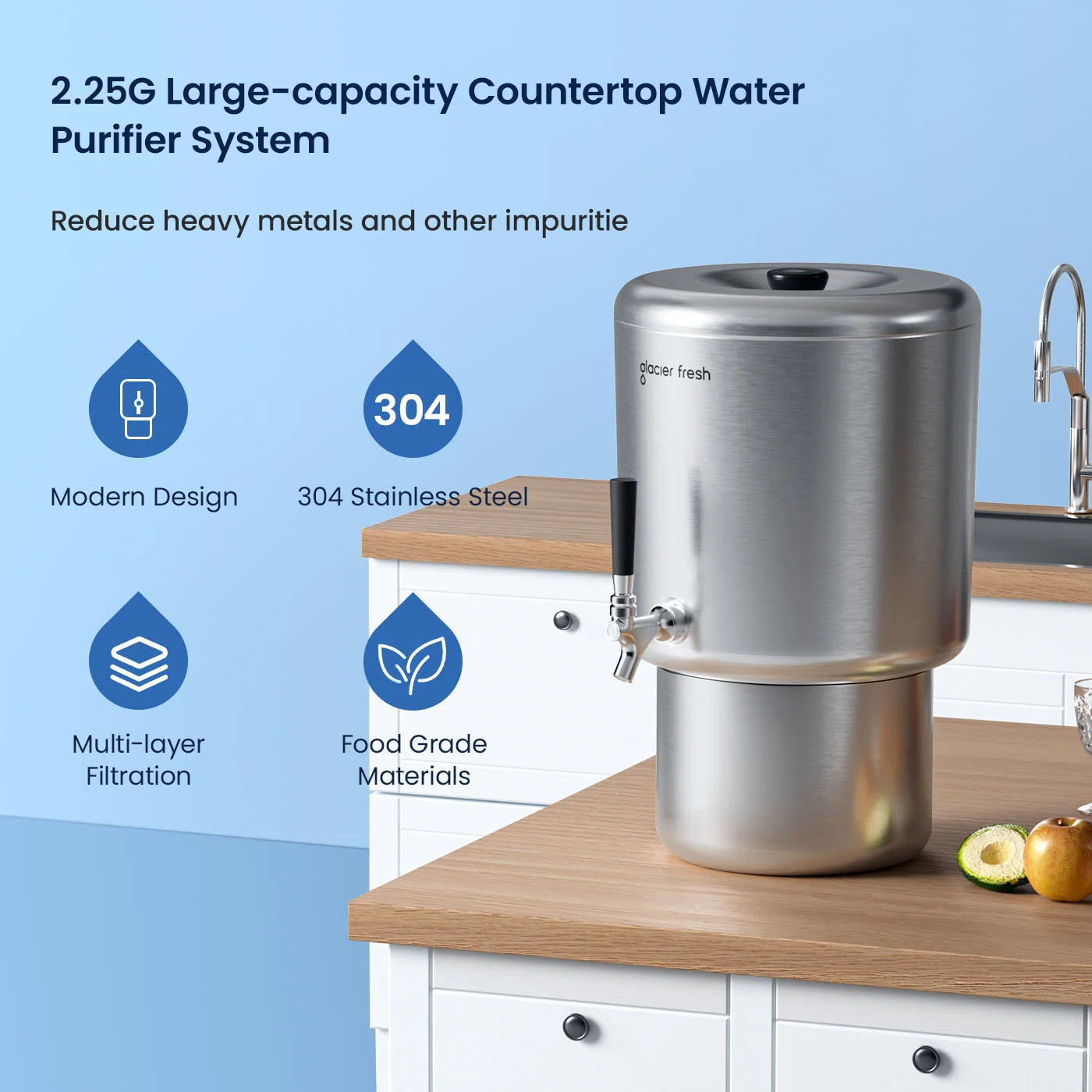 2.25G Large-capacity Countertop Water Purifier System on a kitchen counter with features highlighted.