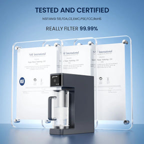 glacierfreshj Water filter with NSF certification labels on a blue background