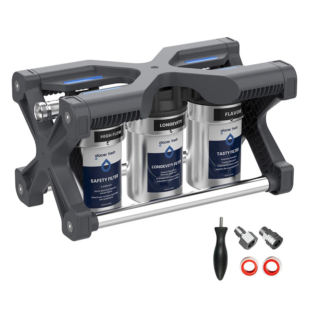 glacierfresh 3-stage rv water filter kit with a black plastic frame, three canister filters (Safety Blue, Longevity Blue, Flavor Blue), a metal tube, and various mounting accessories on a white background.