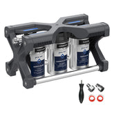 glacierfresh 3-stage rv water filter kit with a black plastic frame, three canister filters (Safety Blue, Longevity Blue, Flavor Blue), a metal tube, and various mounting accessories on a white background.