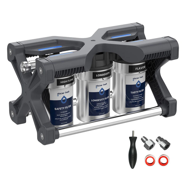 glacierfresh 3-stage rv water filter kit with a black plastic frame, three canister filters (Safety Blue, Longevity Blue, Flavor Blue), a metal tube, and various mounting accessories on a white background.