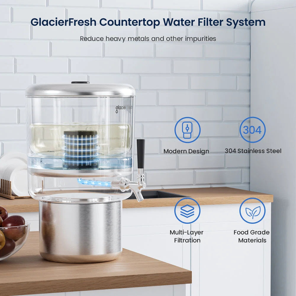GlacierFresh Countertop Water Filter System on a kitchen counter with features highlighted.
