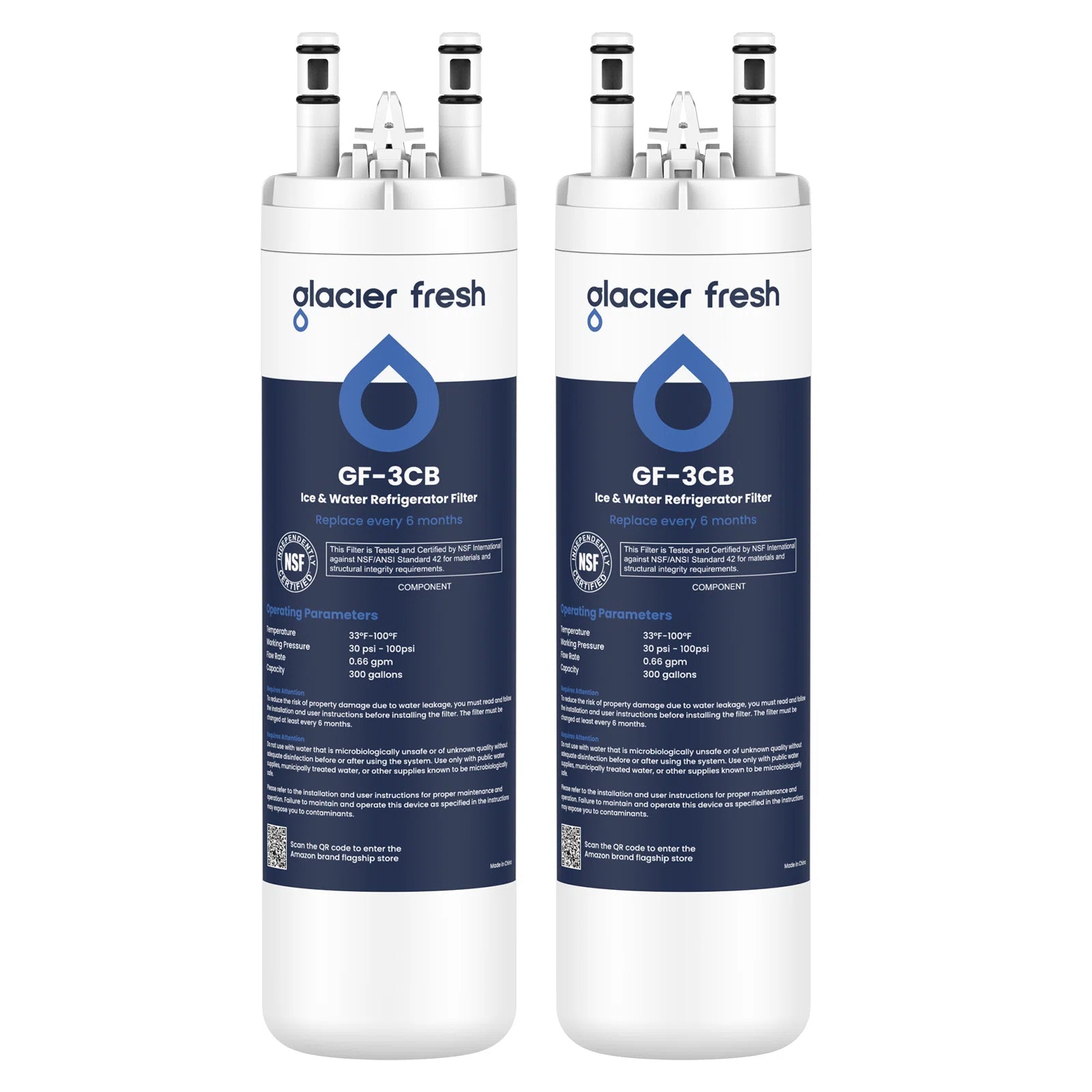 Two Glacier Fresh GF-3CB ice and water refrigerator filters on a white background