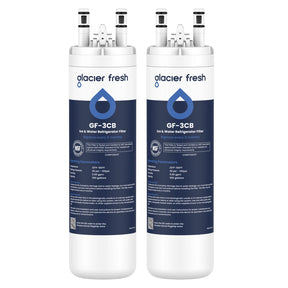 Two Glacier Fresh GF-3CB ice and water refrigerator filters on a white background