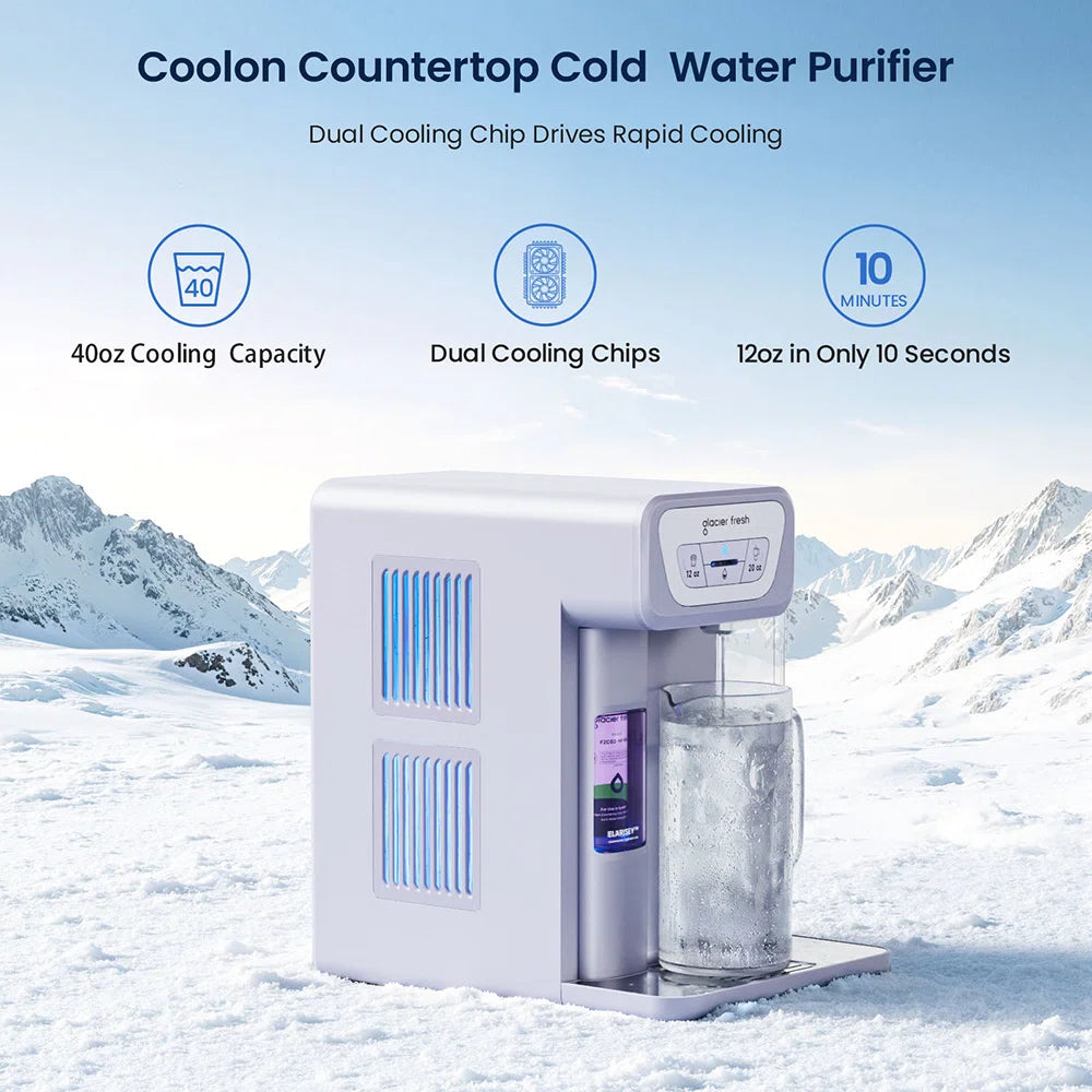 Coolon countertop cold water purifier with features highlighted on a snowy background