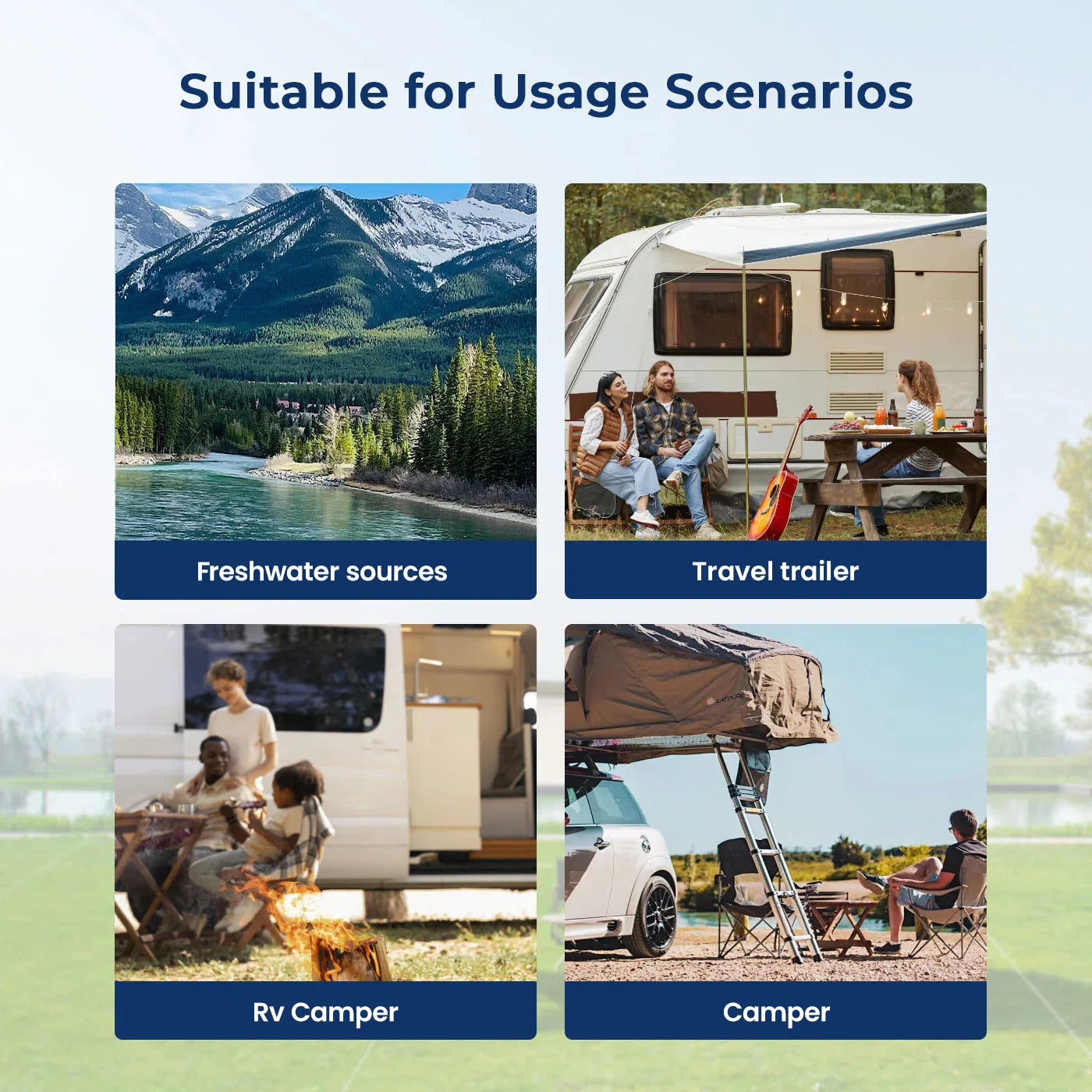 Scenarios suitable for usage with a travel trailer, RV camper, and camper.