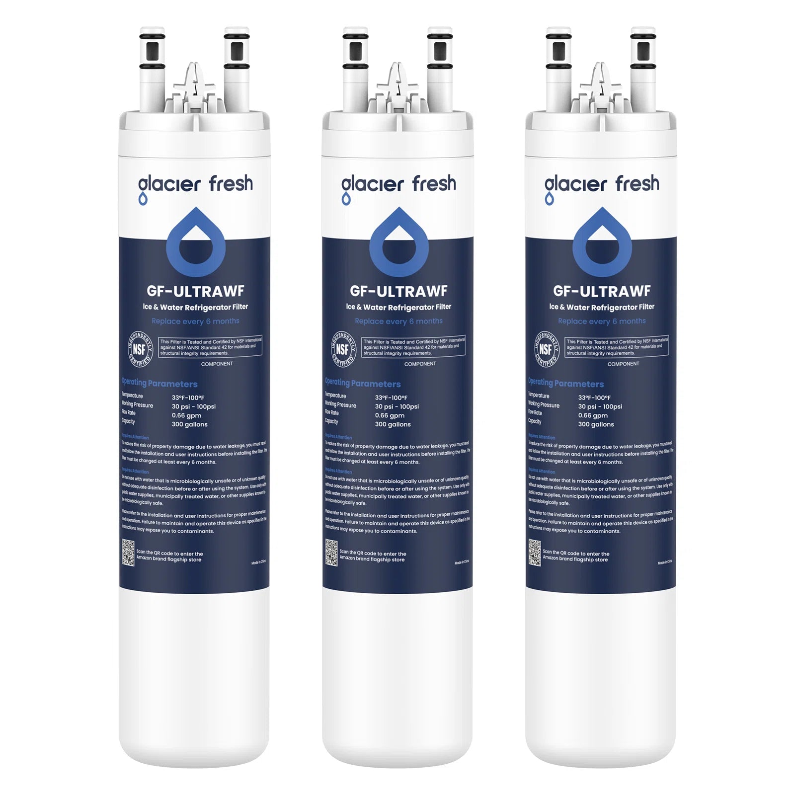 Three Gf-ultrawf water filter cartridges on a white background