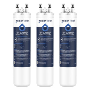Three Gf-ultrawf water filter cartridges on a white background