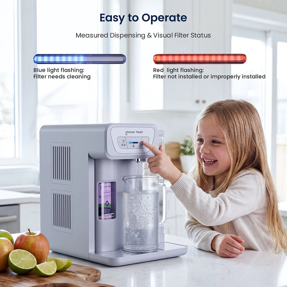 Child using a water filter machine with light indicators in a kitchen setting