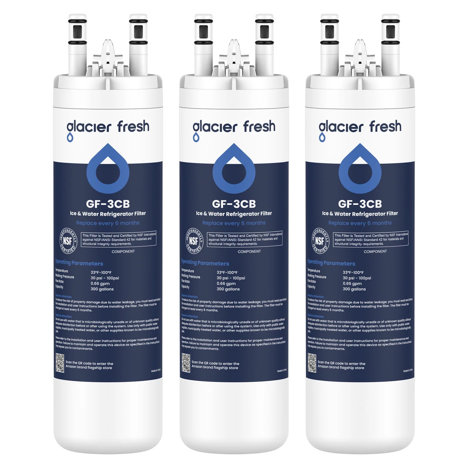 Three Glacier Fresh GF-3CB ice and water refrigerator filters on a white background